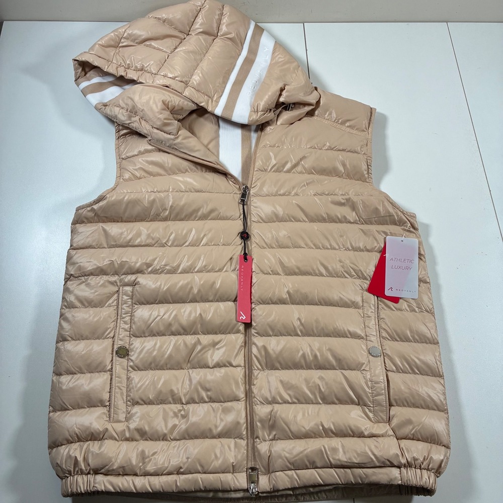 NEW REDVANLY LuxDown Thayer Vest Large Pale Khaki Down Puffer Hooded Golf $325